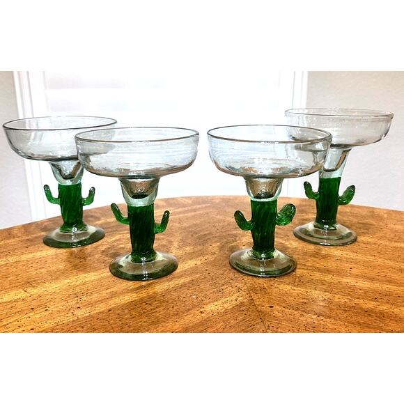 Saguaro Cactus Green Stem Large Margarita Glasses Hand Blown-Set of 4! - Picture 1 of 7